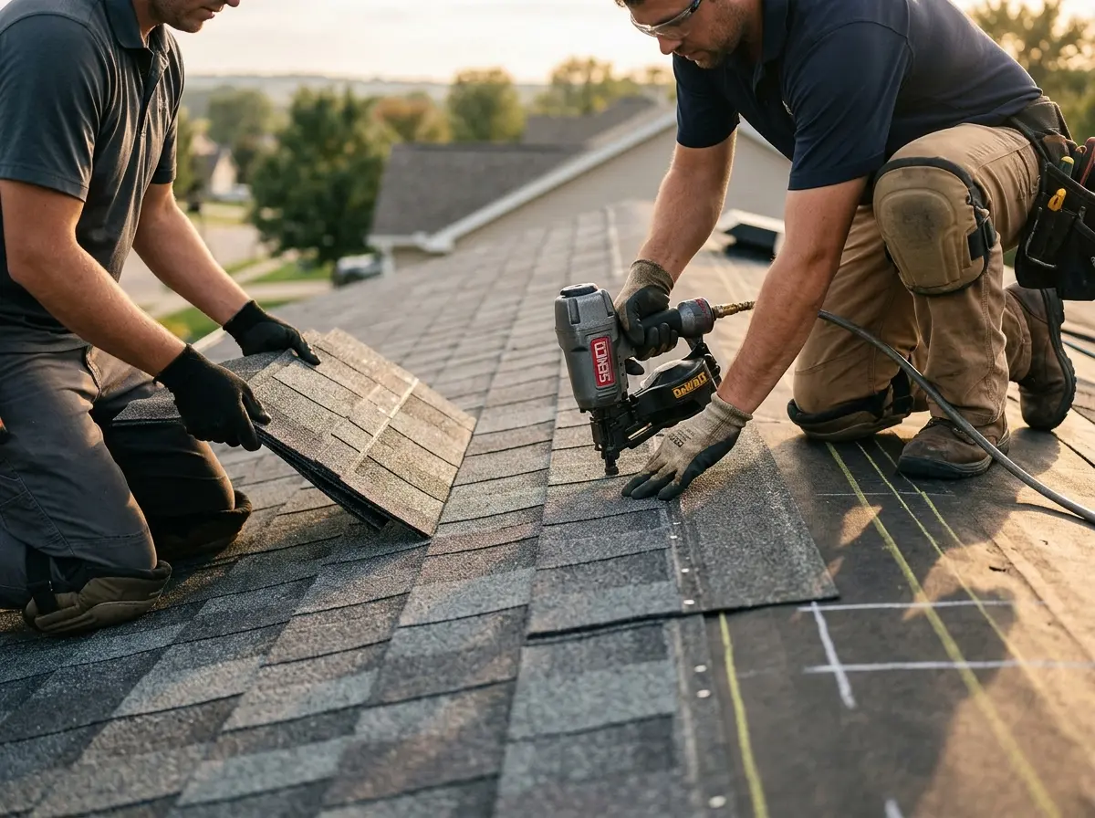 Professional roofer working on a residential roof in Manassas Park
